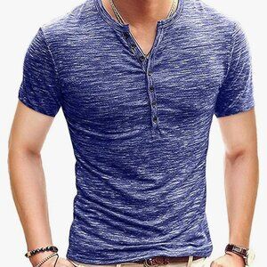 MLANM Henely Style Men's Shirt Medium, Blue, Casual, Short Sleeve, Light Weight